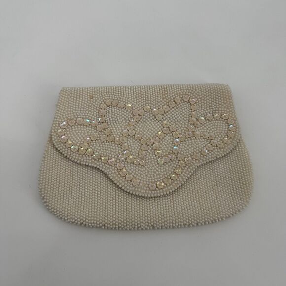 Vintage La Regale Ivory Cream Beaded Sequin Clutch Double Flap Bag - Picture 1 of 11